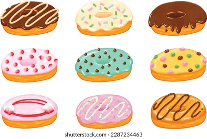 set of donuts and many toppings. 