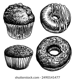 Set de rosquillas y magdalenas, postres dulces. Horneado de galletas. Comida sabrosa. Ilustración de línea de Vector dibujada a mano.