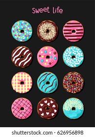 Set of donuts with multicolored  glaze and various toppings on black background. Vector illustration