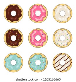 Set of donuts on a white background. Donuts with chocolate, with white, pink and blue glaze. Dessert in the cartoon style. Hand drawing for a bakery, pastry. Vector illustration.