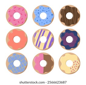 Set of donuts. Pack of donuts in various glaze top view. Pastry and bakery. Desserts and delicacies. Sweet and tasty food. Flat vector collection isolated on white background