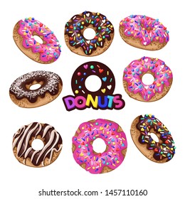 Set of donuts with pink and chocolate glazes. Vector.