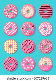 Set of donuts with pink glaze and various toppings on blue background. Poster. Vector illustration