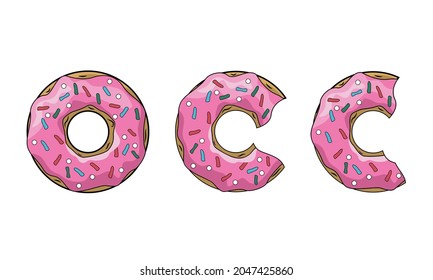 Set of donuts with pink icing and multicolored sweet sprinkles, one whole donut and two bitten