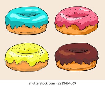 a set of donuts with pink and yellow glaze, chocolate and blue colors, a bright collection, brown side view painted by hand. A sketch of a doughnut. Vector illustration in the Doodle style