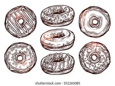 Set Of Donuts In Sketch Style. Collection Of Hand Drawn Dessert