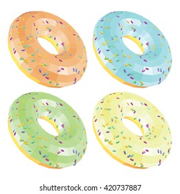 Set of Donuts with Sprinkles and Glaze Isolated on White. Donuts with Peach Peppermint Pistachio and Pear Glaze. Low Poly Realistic Vector Illustration.