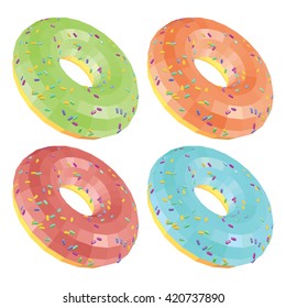 Set of Donuts with Sprinkles and Glaze Isolated on White. Donuts with Kiwi Grapefruit Plum and Peppermint Glaze. Low Poly Realistic Vector Illustration.