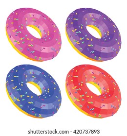 Set of Donuts with Sprinkles and Glaze Isolated on White. Donuts with Raspberry Strawberry Bilberry and Blueberry Glaze. Low Poly Realistic Vector Illustration.