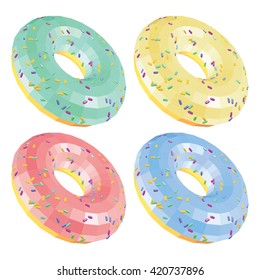 Set of Donuts with Sprinkles and Glaze Isolated on White. Donuts with Peppermint Banana Strawberry and Blueberry Glaze. Low Poly Realistic Vector Illustration.