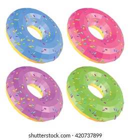 Set of Donuts with Sprinkles and Glaze Isolated on White. Donuts with Blueberry Strawberry Bilberry and Kiwi Glaze. Low Poly Realistic Vector Illustration.