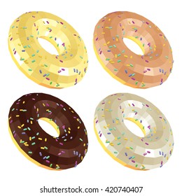 Set of Donuts with Sprinkles and Glaze Isolated on White. Donuts with Vanilla Cappuccino Chocolate and Creamy Glaze. Low Poly Realistic Vector Illustration.