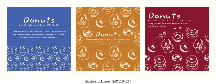 Set of donuts square banner with pattern. Hand drawn sketch doodle donuts in stylized way. The banners are in blue, yellow and red background
