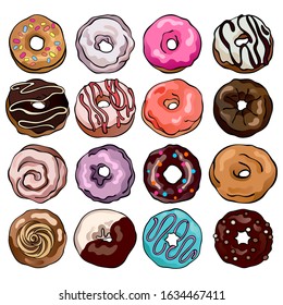 Set of donuts. Sweetshop pastries and bakery with whipped cream, chocolate, icing sugar. Delicacies. Collection of isolated vector food illustrations for cooking and designing cafe menu. 