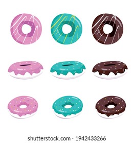 Conjunto de donuts, vista superior y vista lateral, aislados en fondo blanco. Chocolate, postres de caramelos de comida rápida de color rosa, cubiertos de cristal. Ilustración de estilo plano