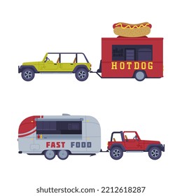 Set of dood trucks. Side view of vans for hotdog and fast food selling cartoon vector illustration