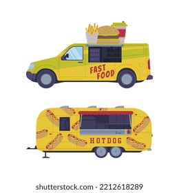 Set of dood trucks. Van and trailer for street food selling cartoon vector illustratio