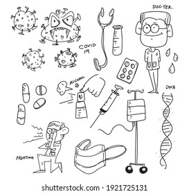 Set of Doodle about coronavirus.,Hand drawn Sketch line vector illustration., Quarantine positive doodle, sketch. Icons, elements. Isolated on white background.