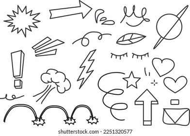 Set doodle , Abstrakte Pfeile, Bänder, Feuerwerke, Herzen, Blitz, Liebe, Blätter, Sterne, Kronen und andere Elemente in handgezeichnet Stil für Konzept-Design. Doodle-Illustration.