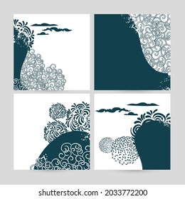 set doodle abstract nature pattern square background vector monochrome