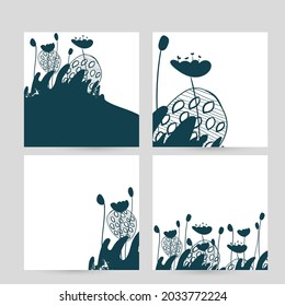 set doodle abstract nature pattern square background vector monochrome