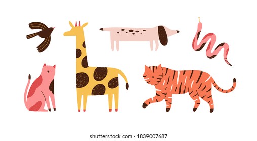 Set of doodle abstract trendy wild animals and pets. Stylish modern contemporary art. Bird, snake, giraffe, dog, tiger, cat isolated on white. Flat vector cartoon illustration isolated on white