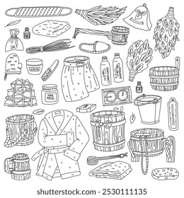 set of doodle accessories for baths and saunas. a wooden ladle, a bucket of water for wellness, a massage broom made of green leaves, coals, a cap, a thermometer, a bathrobe, a washcloth, pumice stone