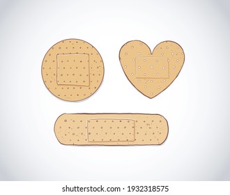 Set of doodle adhesive plasters on white background