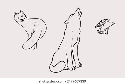 Set of doodle animal. Fox, howling wolf and raven isolated