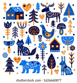 Set of doodle animals, trees, houses, flowers, mushrooms and Nordic ornaments in Scandinavian folk art style isolated on white background. Perfect for posters, cards, prints, children illustrations.