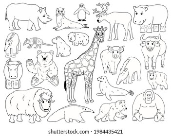 Set of doodle animals. Vector outline cartoon isolated graphic hand drawn illustration. Giraffe bear orangutan ox rhino wombat highland cow seal tapir anteater yak hippo capybara penguin armadillo