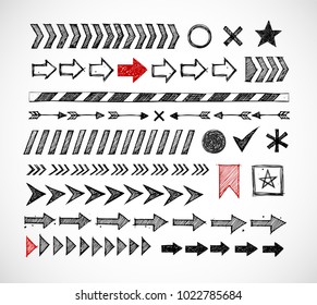 Set of doodle arrow dividers, pointers, danger tape and design elements on white background.