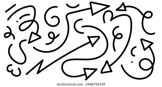 Conjunto de dibujo de Vector de flecha de garabato. Flecha dibujada a mano del garabato, dirección abstracta, ilustración aislada