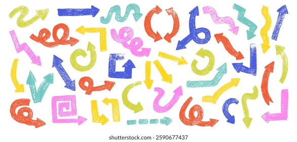 Set of  doodle arrows with crayon texture. Chalk pencil arrows in kid sketch style. Scribble arrow with crayon  stroke and  lines.