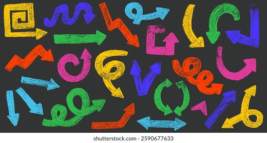 Set of  doodle arrows with crayon texture. Chalk pencil arrows in kid sketch style. Scribble arrow with crayon  stroke and  lines.