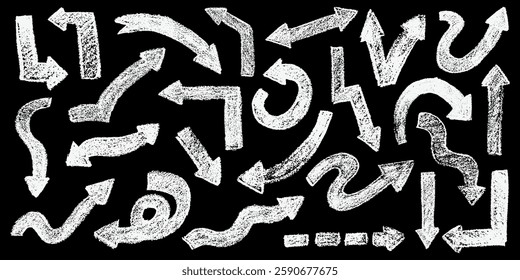Set of  doodle arrows with crayon texture. Chalk pencil arrows in kid sketch style. Scribble arrow with crayon  stroke and  lines.