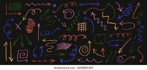 Set of doodle arrows with crayon texture. Chalk pencil arrows in kid sketch style. Scribble arrow with crayon stroke and lines