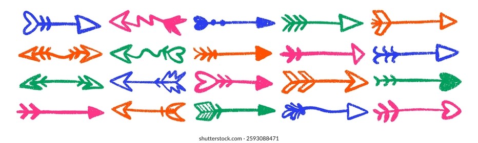 Set of doodle arrows with decoration with crayon, pastel or chalk texture. Cute hand drawn elements. Color vector illustration isolated on a white background.