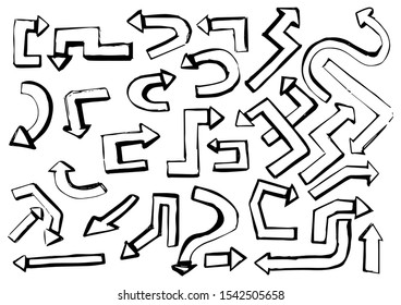 Set doodle arrows in different directions. Vector hand drawn outline illustration isolated on white background. Sketch style lines for business infographic and icon.