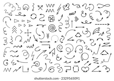Set of doodle arrows hand drawn. Vector isolated on white background. Simple variety of shapes. Collection for every requirement. 