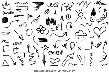 Set of Doodle Arrows Hand Drawn Lines with Charcoal texture isolated white background. Simple Scribble symbol collection. Grunge black Hand Drawn Cahrcoal brush.