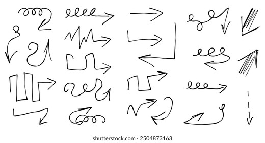 Set of Doodle Arrows isolated white. Collection of selection element. Hand drawn vector arrow for social media web design.	