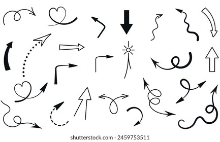 Set of Doodle Arrows, Sketch Line Pointers, Collection Web Decorative Elements, Icon, Outline, Sketch, Scribble, Linar, Hand Drawn, Vector Illustration