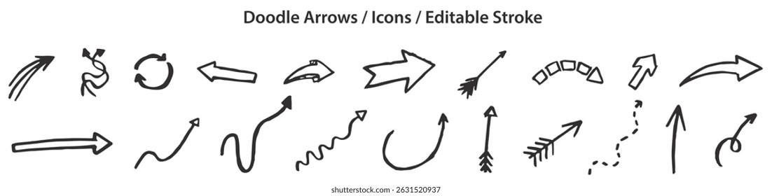 Set of Doodle Arrows in doodle style, line design, editable stroke, vector illustration