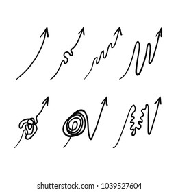 Set of doodle arrows symbolized way to success. Black sketchy symbols of straight and complicated upward arrow for business, school process presentation design