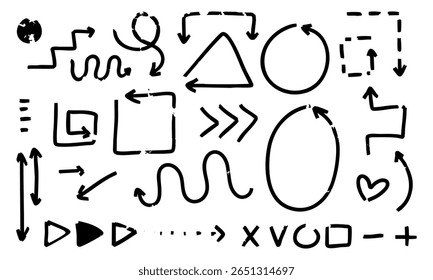 Set of doodle arrows. Vector arrows in different directions and various signs. Wide, broken line of direction. Sketch of arrow designs for business plans and education, hand-drawn on white background