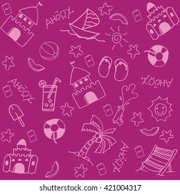 Set doodle art beach with purple backgrounds