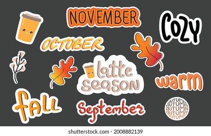 Conjunto de pegatinas de letras de dibujos de dibujos de dibujos animados, temporada de otoño, hojas de otoño ilustración plana vectorial. Paquete de stickers escritos a mano con tiras de moda para los planificadores, medios sociales, camisetas, marketing, chat