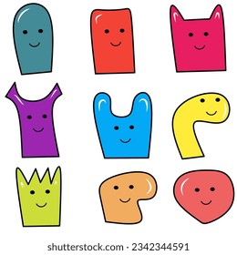 conjunto de formas de doodle art con emoticonos sonrientes y con varios colores