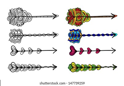 Set of doodle artistic arrows. Black and white outline and colorful variants.